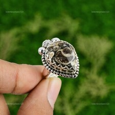Gift For Women Stackable Adjustable Ring 925 Silver Natural Turritella Agate