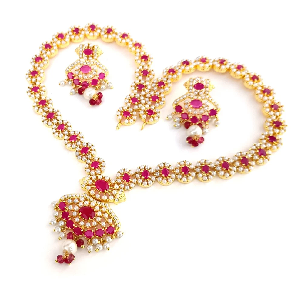 Collar de piedras preciosas de rubí y perlas, collar de piedras preciosas, regalos de joyería del sur de la India Foto 2 de 4
