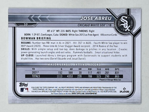 Jose Abreu 2022 Topps Bowman Sky Blue Border /499 #37 MLB White Sox Trading  Card | eBay