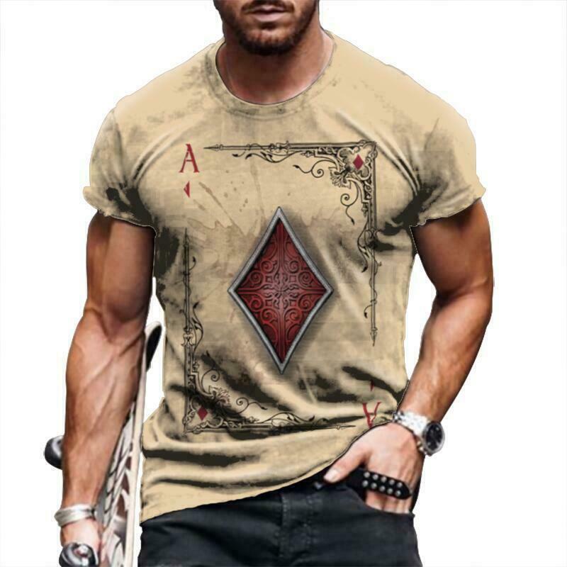 T-Shirt Men’s Fashion Poker Card Ace of Diamonds Yellow Short Sleeve Vintage Tee