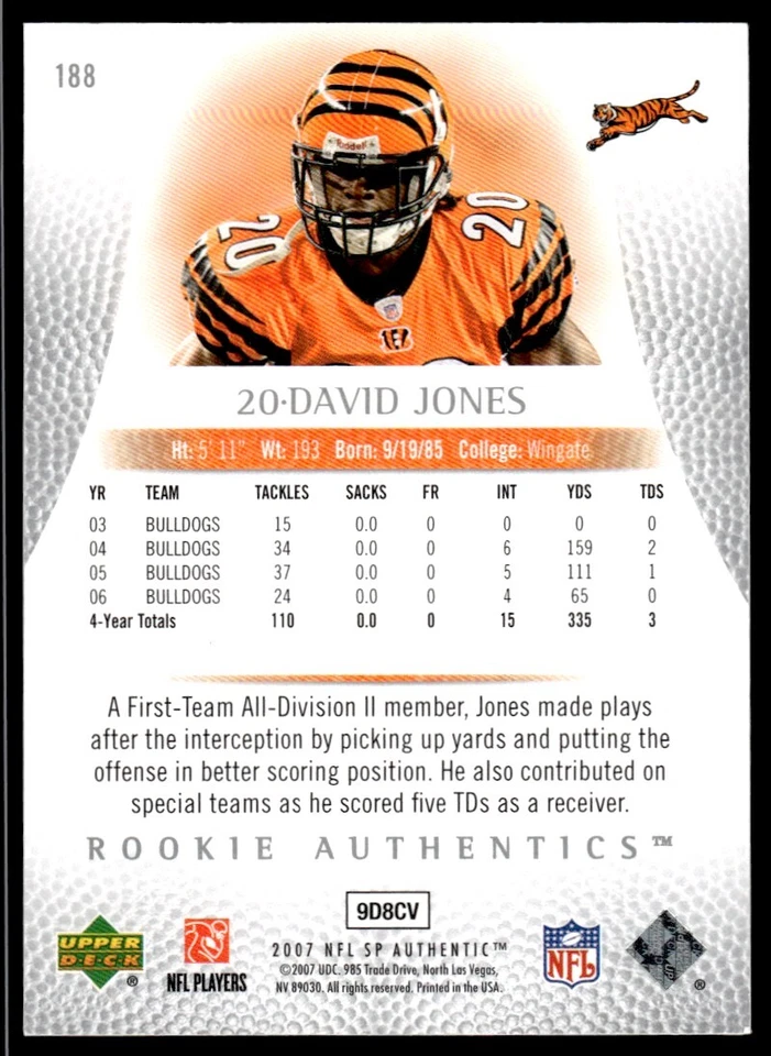 2007 SP Authentic David Jones Rookie 500/999 Cincinnati Bengals #188 R26 - Image 2 of 2