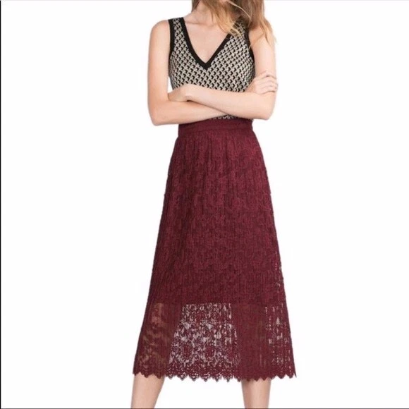 Zara Maroon Midi Lace Skirt With Inner Slip eBay