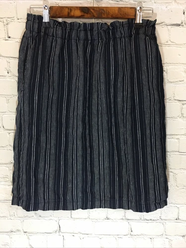 Ellen Tracy Womens Skirt Paper Bag Waist 100% Linen Size Small Blue Stripe