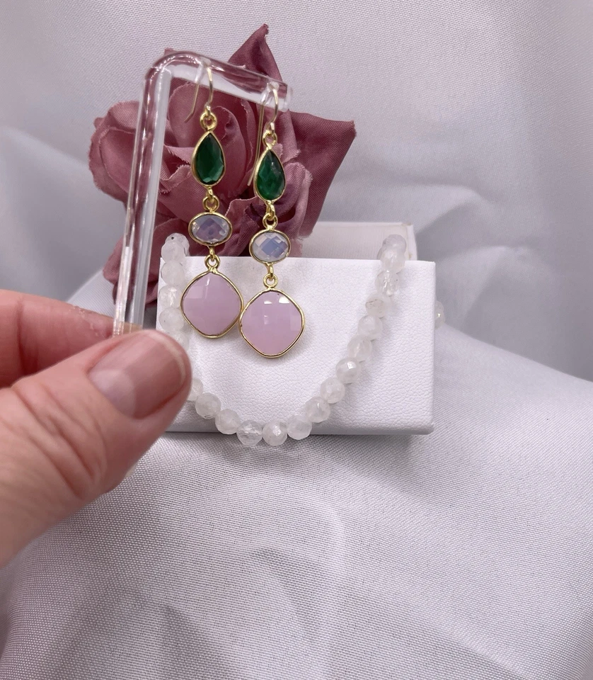 Pink Chalcedony Tourmaline Earrings Briolette 14K Gold Filled Drop SIMULATED - Image 3 of 4