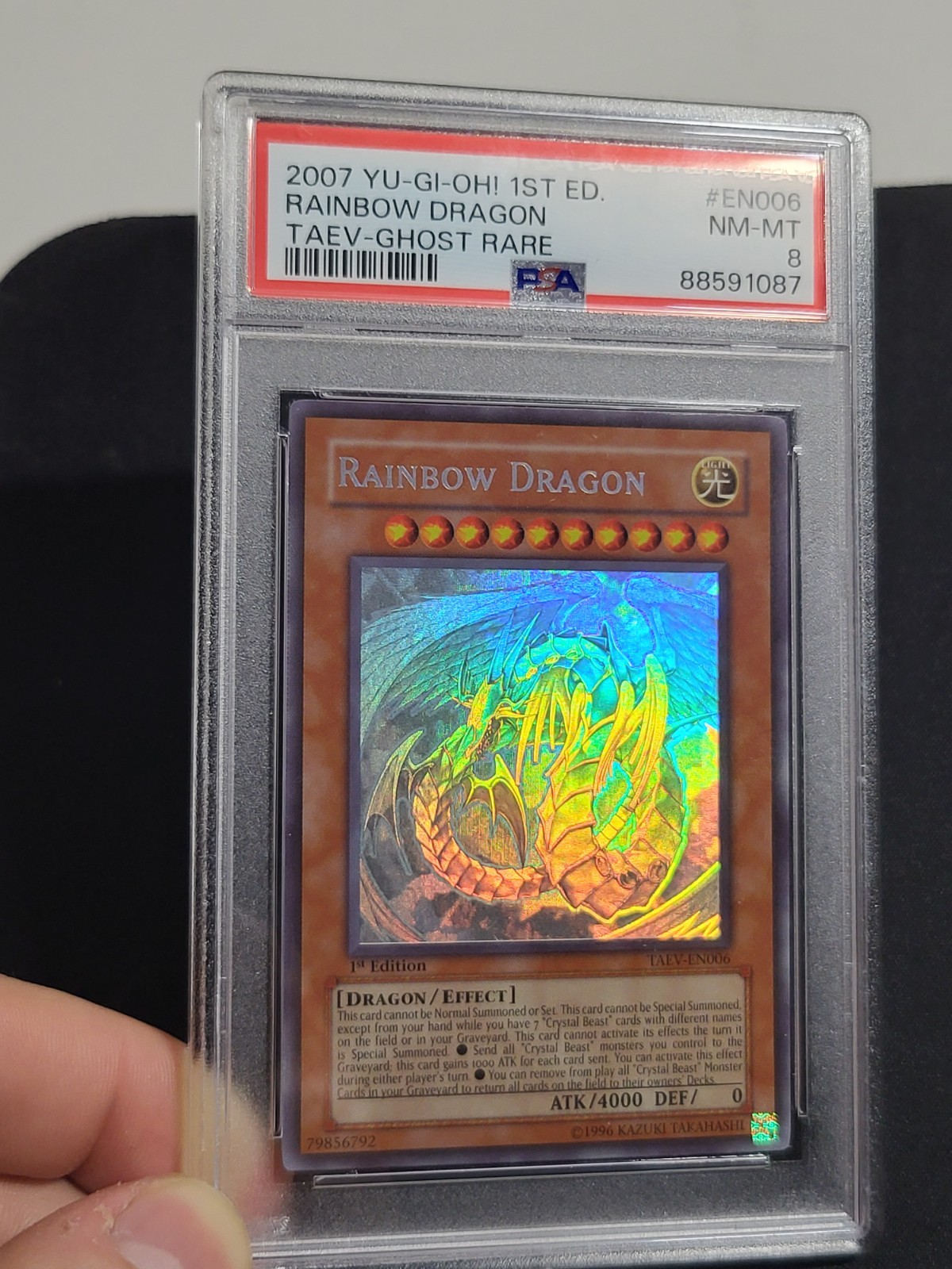 Yugioh 2007 Rainbow Dragon TAEV-EN006 1st Edition Ghost Rare PSA 8 (Clean Foil) view 11