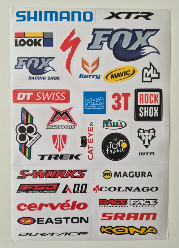 Cycling MTB Bike Sticker Sheet A4 Graphics Decals Fox Shimano Raceface Colnago