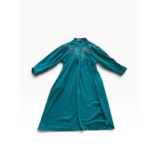 Vanity Fair Robe Large Teal Floral Embroidered Velour Vintage 70s Grandmacore