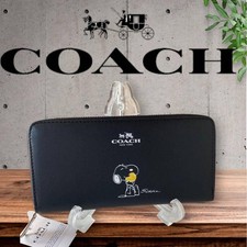 COACH x PEANUTS Long Wallet Snoopy Woodstock Leather Zip Black Outlet New Japan