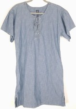 Gap Chambray Shift Dress S Puff Sleeve Pockets Lace-up Pullover Beachy Coastal