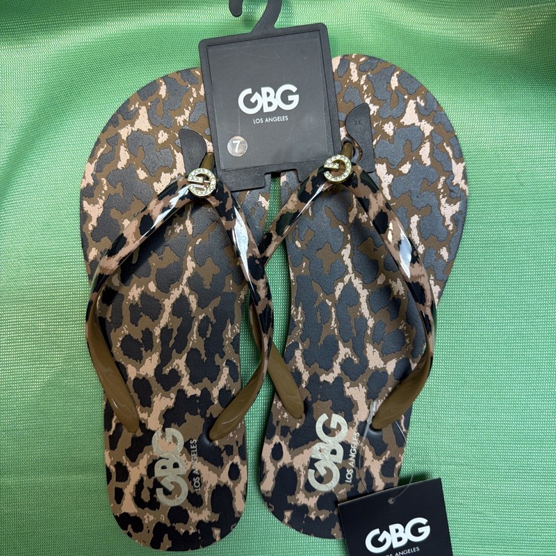 NEW WOMEN'S GUESS LEOPARD FLIP FLOP SANDAL GOLD RHINESTONE DARCEY-13-N SIZE 7