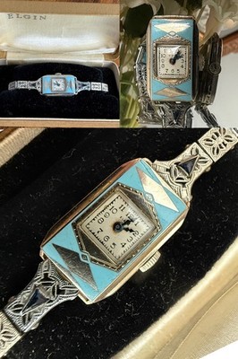 1920's Ladies Art Deco Blue Enamel Elgin Watch ~ Filigree Band~Runs