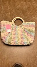 Half Moon Multi Pastel Woven Straw Tote Bag | Circle Handles | Lined