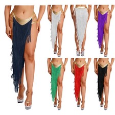 Women's Belly Dance Fringe Skirt Tiered Tassel Metallic Irregular Slit Costume