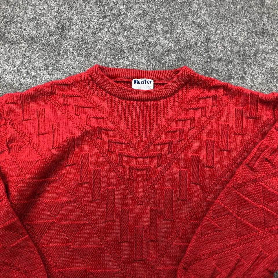 复古 Meister 毛衣男式大号红色几何纹理羊毛圆领 80 年代 — 第 4/4 张图片