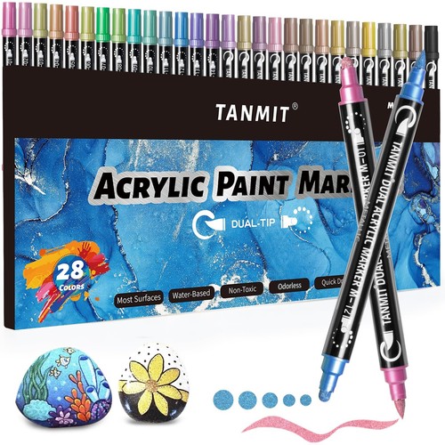 28 Metallic Colors Acrylic Paint Markers Dual Tip 1 Count (Pack of 28)