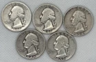 Lot of 5 Washington 90% Silver Quarters Various Years