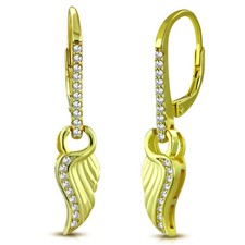 925 Sterling Silver Yellow Gold-Tone CZ Angel Wings Drop Dangle Earrings, 1.30"
