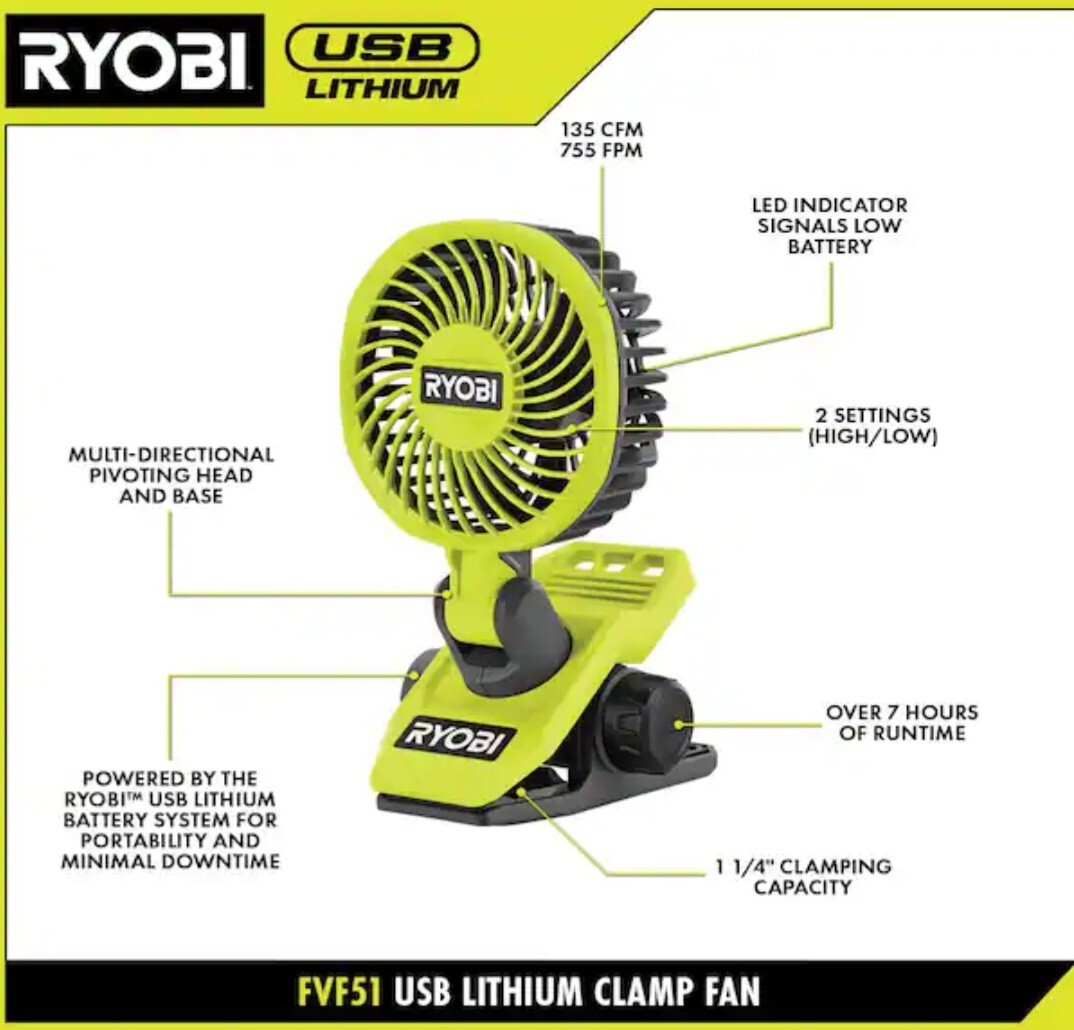 Ryobi USB Lithium Clamp Fan Kit With 2 0 Ah USB Lithium Battery And ryobi-usb-lithium-clamp-fan-kit-with-2-0-ah-usb-lithium-battery-and