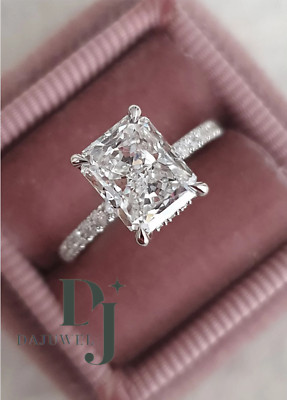 2.50 CT Radiant Cut Moissanite Hidden Halo Engagement Ring Solid 14K White Gold