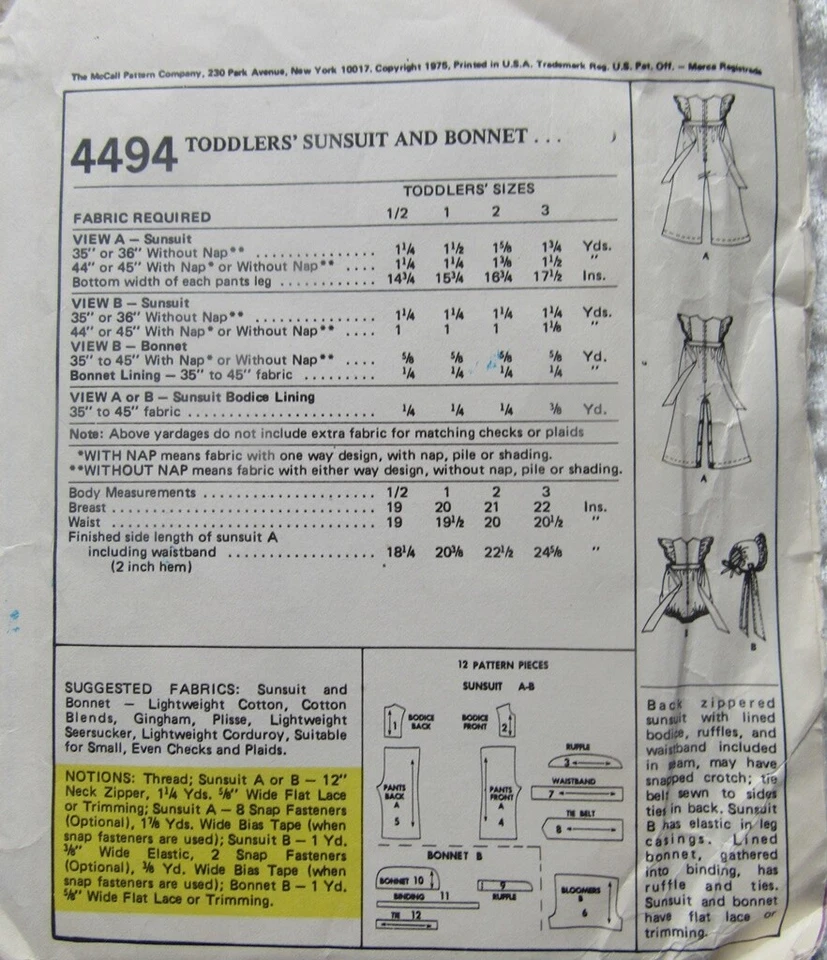 Adorable Uncut Sun Suit and Bonnet Pattern for Toddlers From 1975        - Image 2 of 2