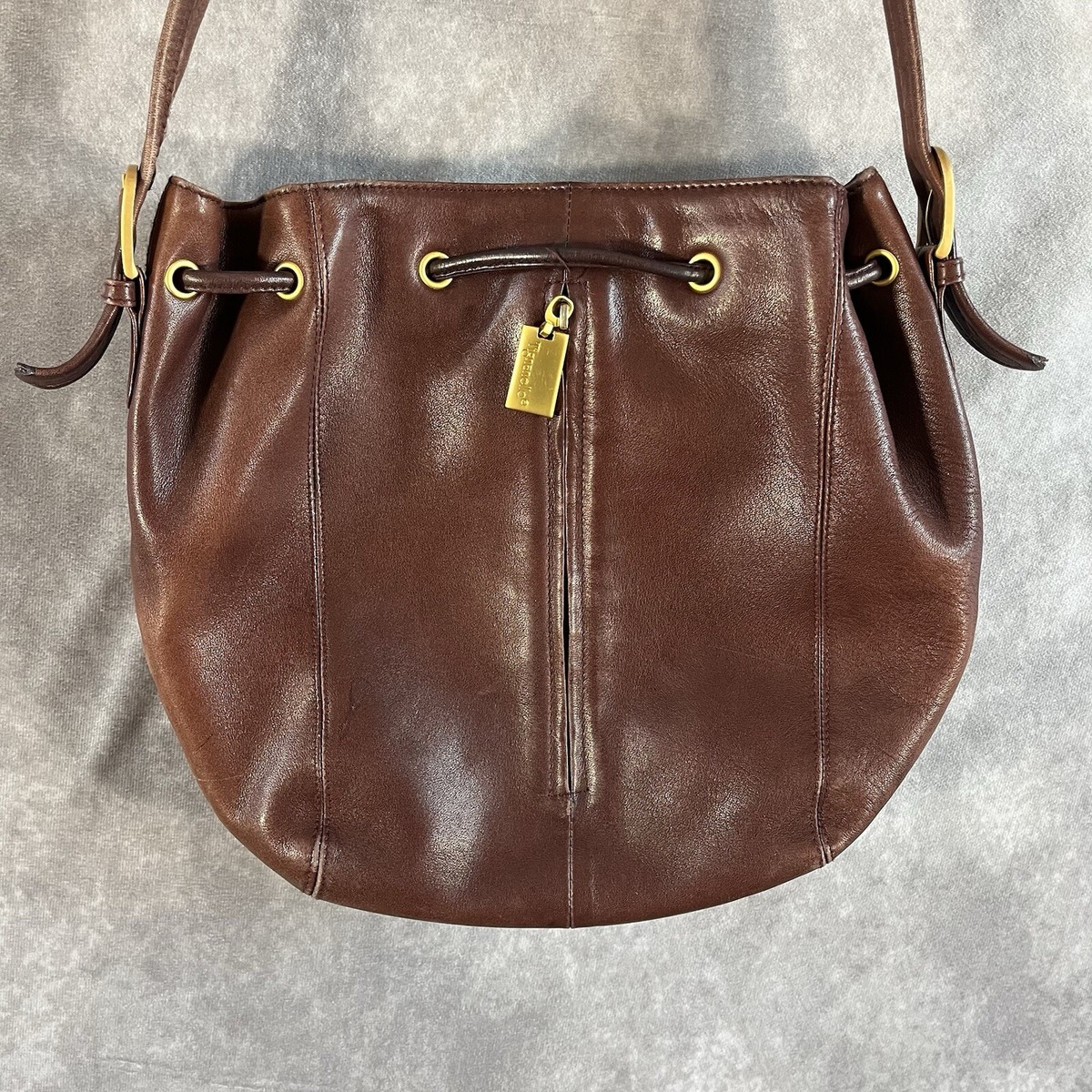 TIGNANELLO LEATHER PURSE BUCKET CROSSBODY BAG BROWN DRAWSTRING