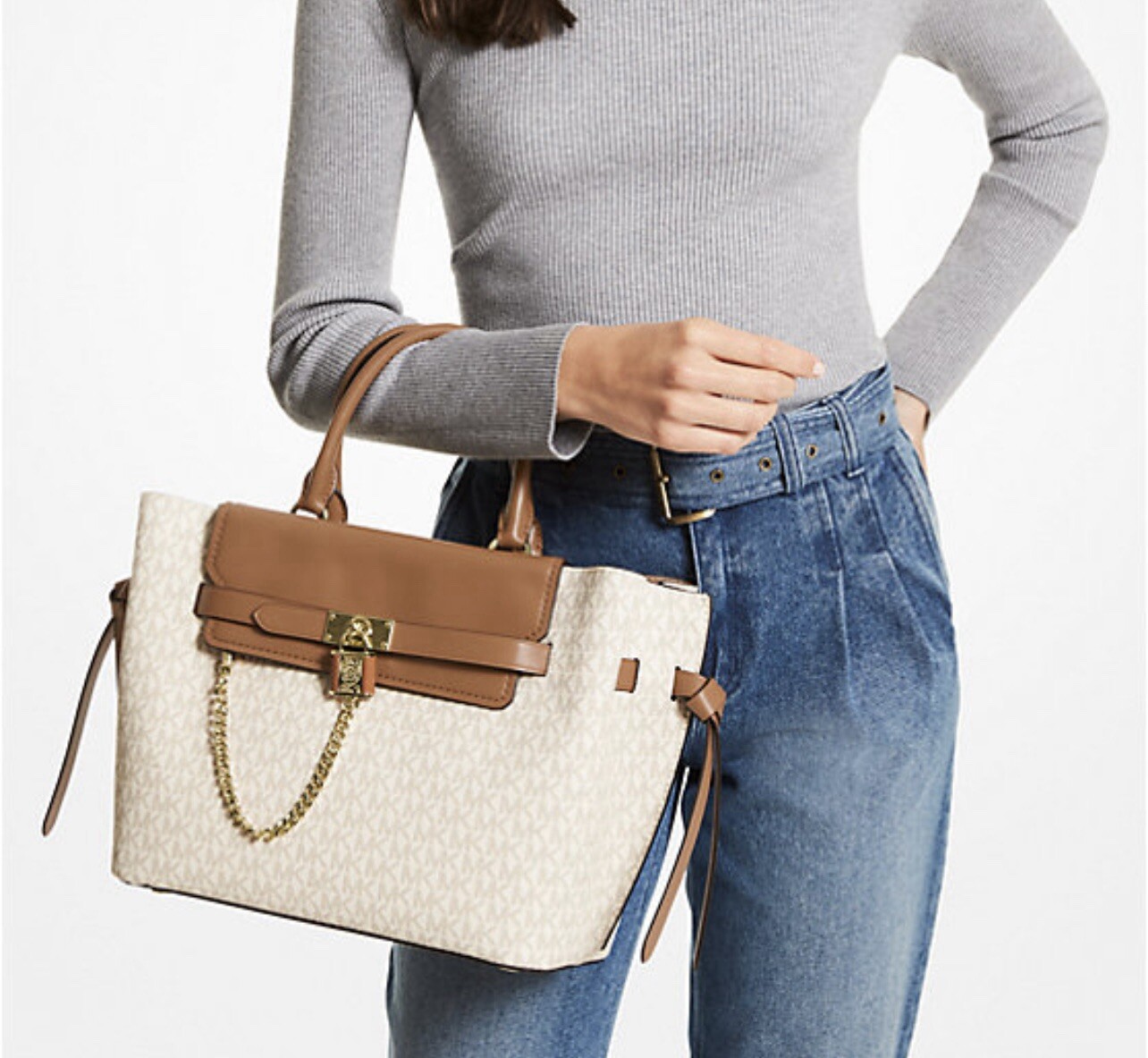 Authentic Michael Kors Hamilton Legacy Large Logo Belted Satchel Vanilla/Acorn thumbnail 3