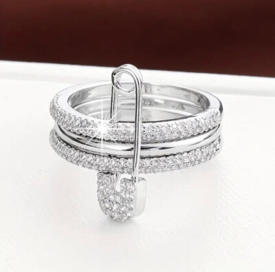 Silver shade Safety Pin Cocktail Ring with Clear Crystal Clear Crystal Ring, Silver Ring With Stone, Thick Ring for  main image 2