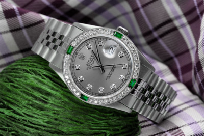 Rolex Datejust 36 mm Grey Diamond Dial with Emerald & Diamond Bezel Jubilee Band