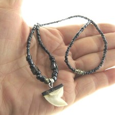 Genuine Shark Tooth Pendant Necklace Hematite Bead