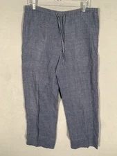 Saks Fifth Avenue Womens Linen Pants Petites Blue Drawstring Waist Wide Leg