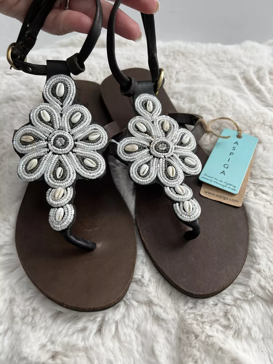 ASPIGA Leather Beach Wedding Sandals New 37 US 6.5 7 Beaded