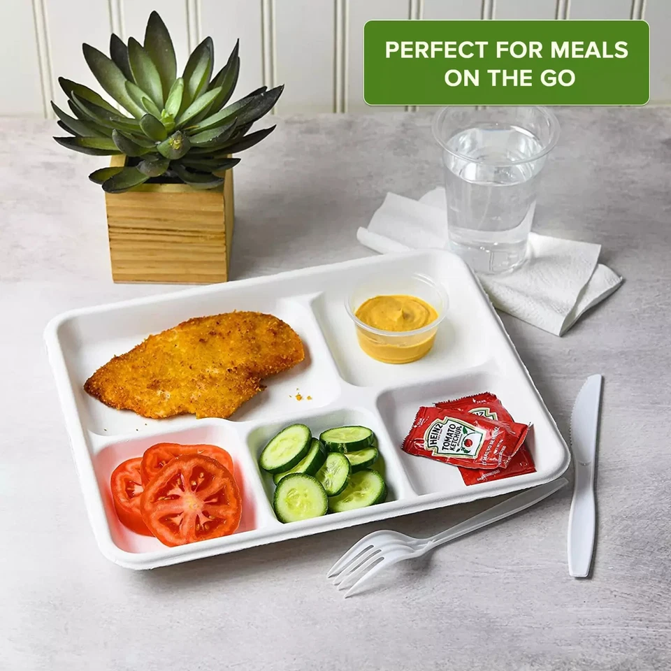 100 X 5 Compartment Plates Biodegradable Bagasse Eco-Friendly Dinner Plates - Image 4 of 4