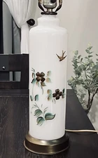 VTG Hand Painted Table Lamp 3D Applied Golden Bird Flowers & Green Leaves