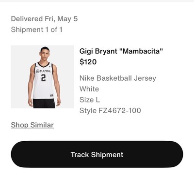 Nike Mambacita Basketball Jersey Gigi Bryant White Large L 2 mamba
