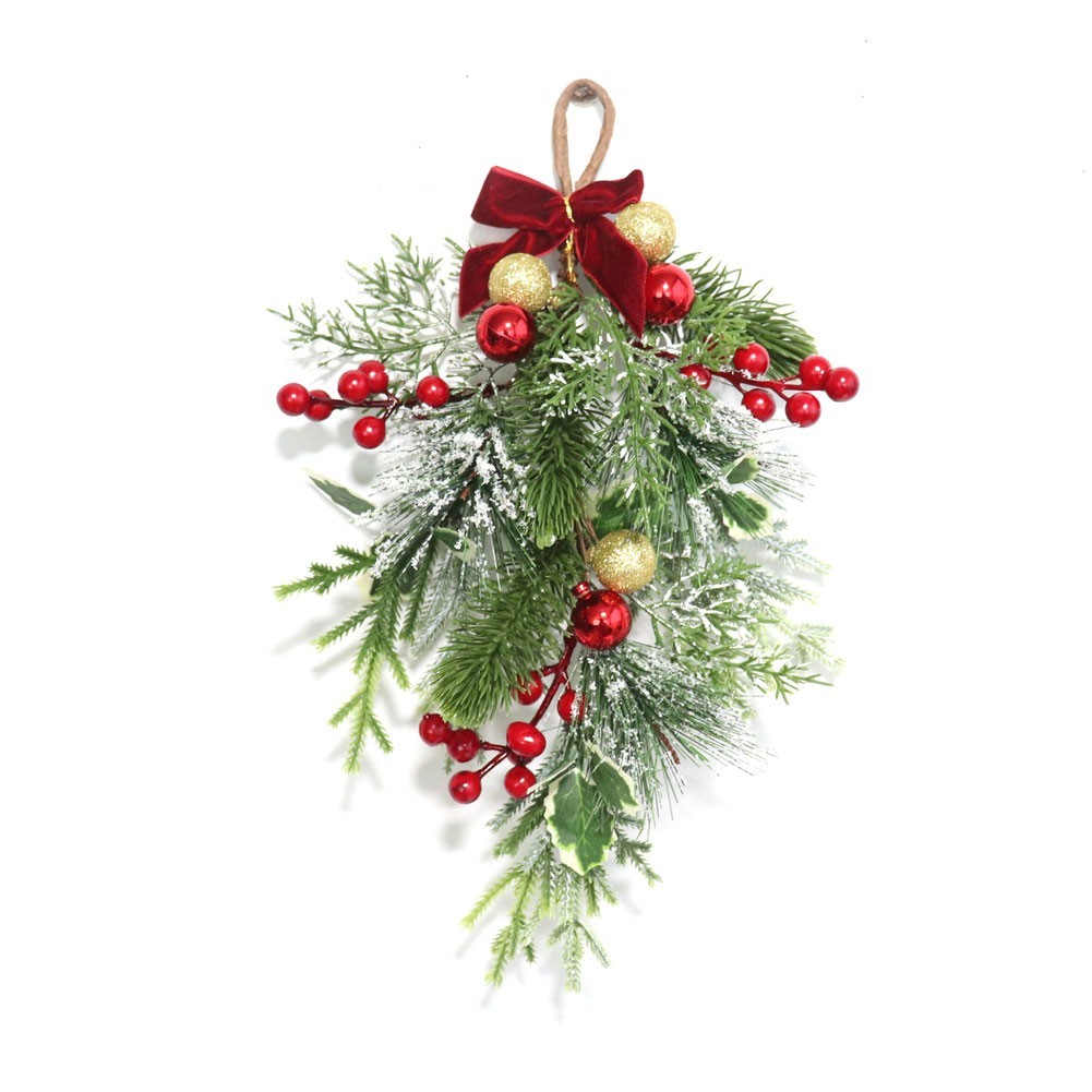 Christmas Pine Needle Wall Decoration with Red Bow Pine Cones Red Berries Set