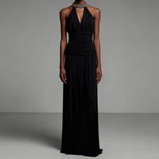 Cachet Ruched Beaded Sequin Halter Maxi Dress Black Cut Out Embellished NEW sz 6