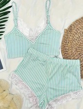 Women’s Teal Striped Lace Stretch Shortie & Cami Pajama Set Adjustable LG New