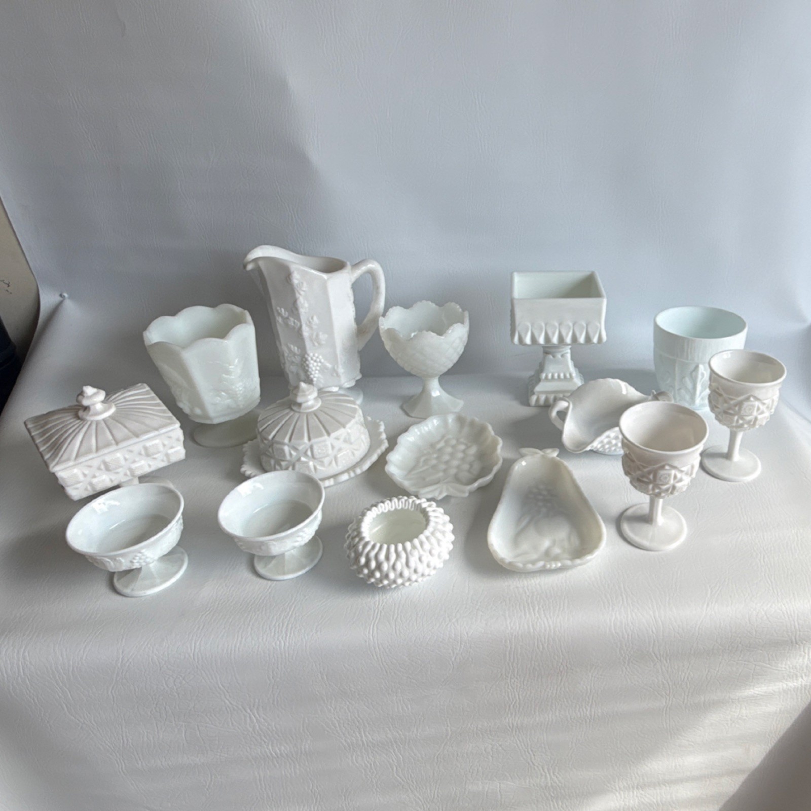 VTG White Milk Glass Bowls, Compotes, Dishes, Pitcher Grape Hobnail Geometric