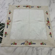 Vintage 90s Embroidered Tablecloth White Linen Blend Fruit Cross Stitch 32x32