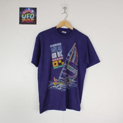 Hanes Maryland USA Nautical Graphic T-Shirt L Herren Lila Einzelnaht 90s