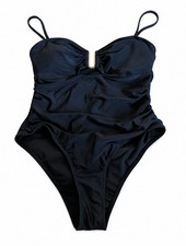 Women's Black Solid Spaghetti Strap One-Piece Swimsuit Regular Size L