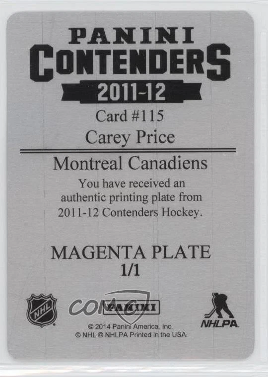 2011-12 Panini Playoff Contenders Cup Printing Plate Magenta 1/1 Carey Price 0c3 - Image 2 of 3