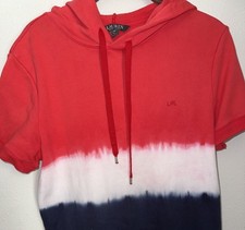 Lauren Ralph Lauren Tie Dye Hooded Sweatshirt Dress Red White Blue Medium