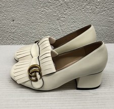 Gucci GG Marmont Fringe White Leather Block Heel Pumps EU 35 US 5 L271