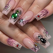 24Pcs Halloween Press on Nails Medium Square Fake Nails with Spiders Nail Rhines