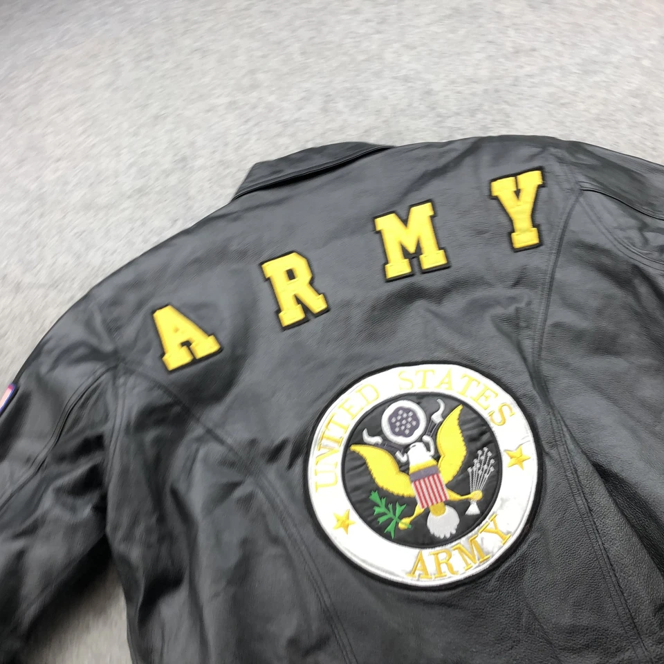 Vintage US Army Jacket Mens Large Black Leather Military Patch Flag Bomber 90s - Image 3 of 4
