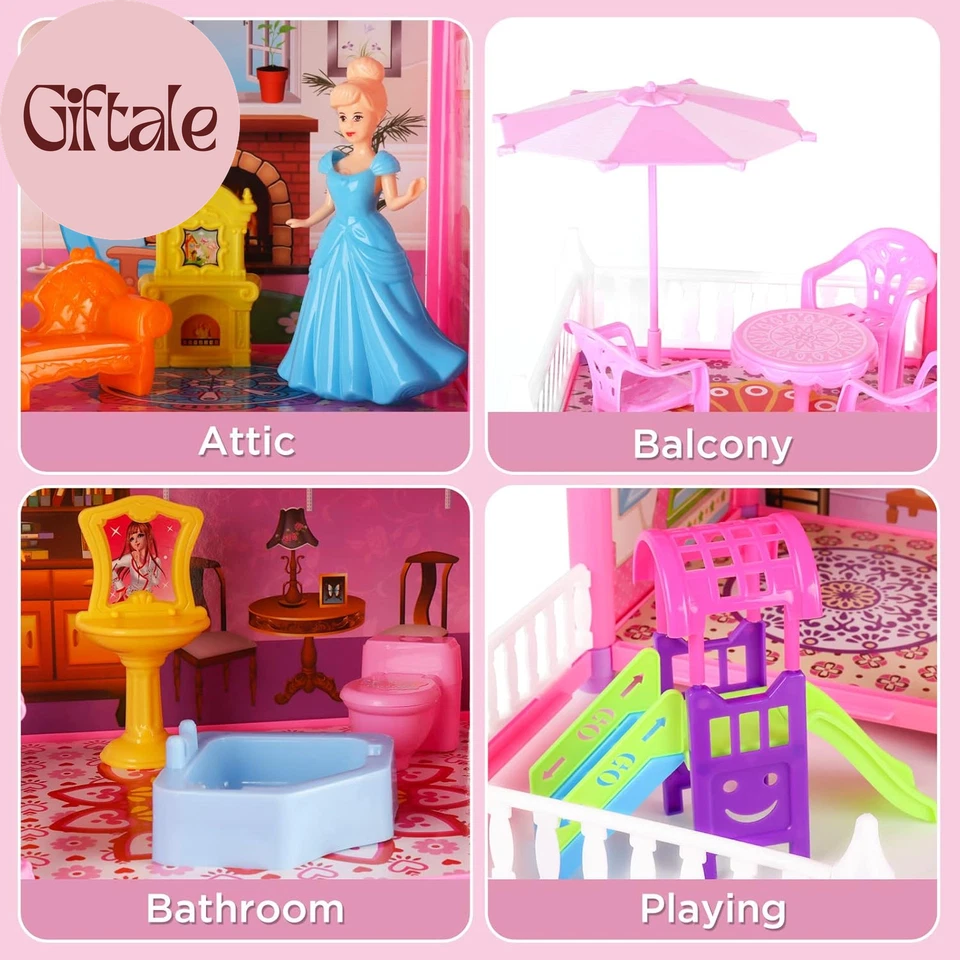 Casa de muñecas para niñas, casa de muñecas de 4 pisos con 10 habitaciones, 2 muñecas, muebles y aire acondicionado Foto 4 de 4
