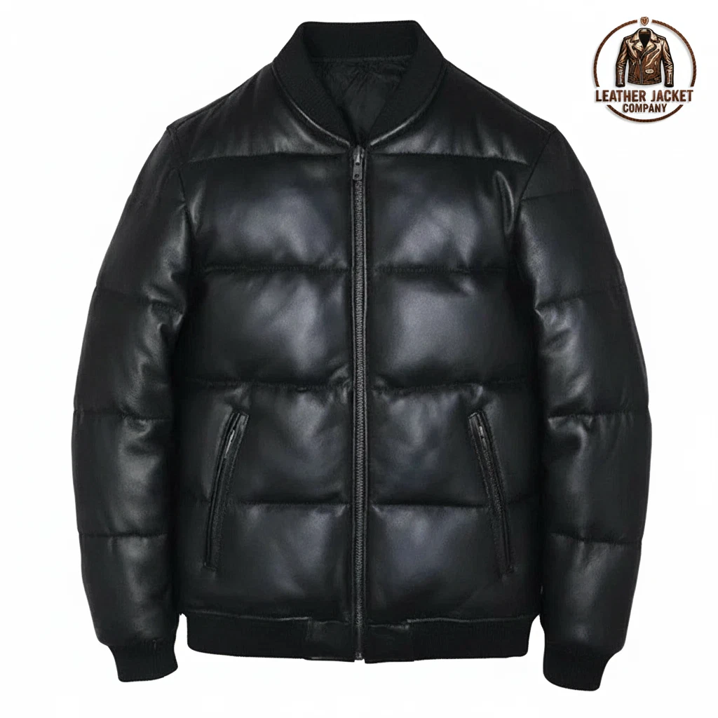 Mens Black Genuine Leather Lambskin Bomber Quilted Down Puffer Jacket