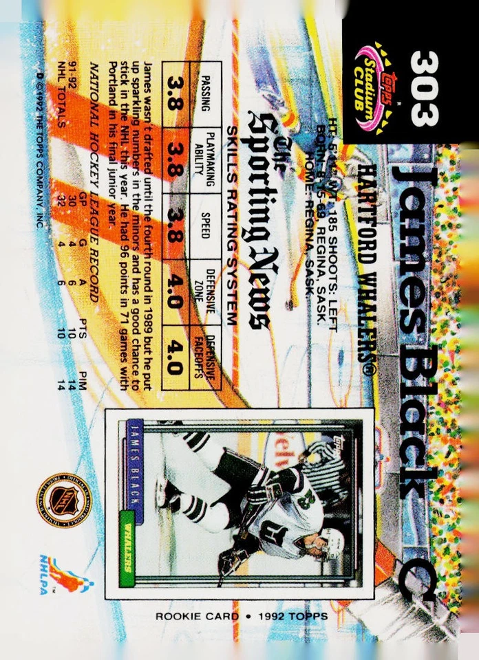 1992-93 Stadium Club #303b James Black Hartford Whalers - Image 2 of 2