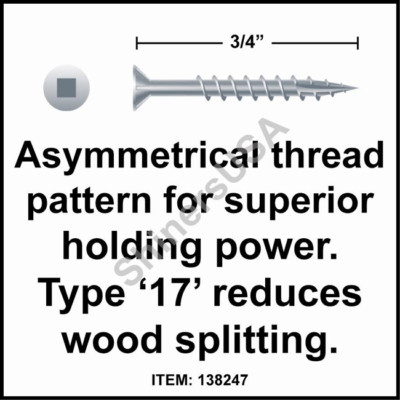 (10000) Particle Board Screw Type 17 8x3/4  Square Drive Flat Head w/Nibs #13824